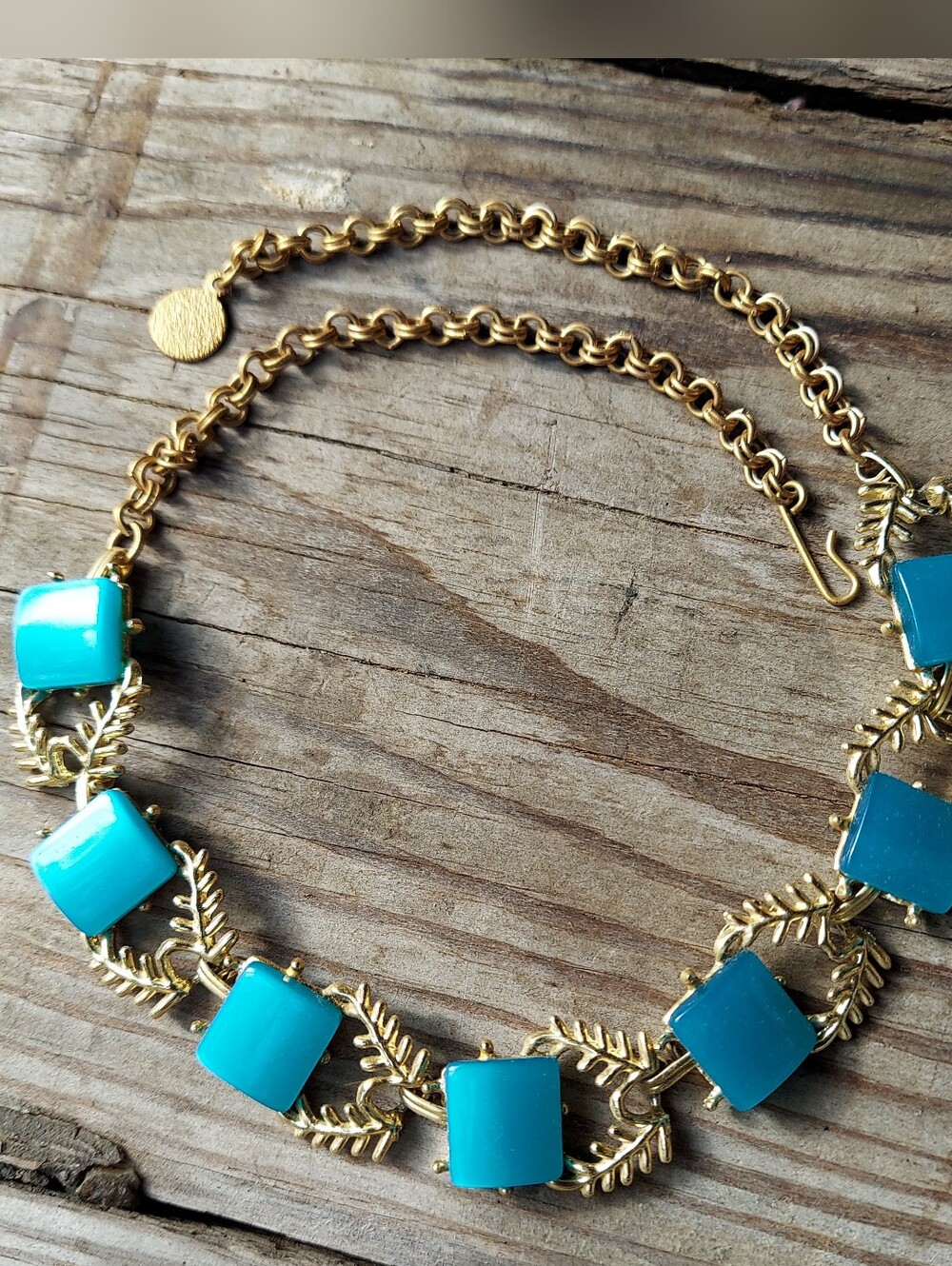 Vintage Teal Thermoset Leaf Linked Choker Necklace